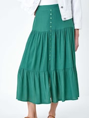 Roman Green Textured Button Tiered Midi Skirt - Image 4 of 5