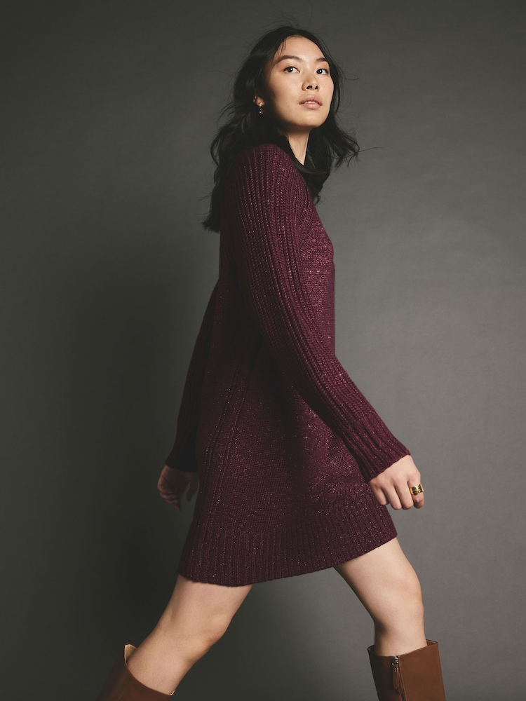 Red Berry Sparkle High Neck Short Knitted Jumper Mini Dress - Image 1 of 14