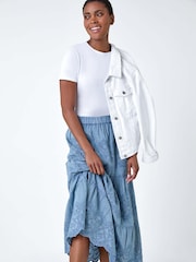 Roman Blue Broderie Tiered Stretch 100% Cotton Midi Skirt - Image 1 of 5