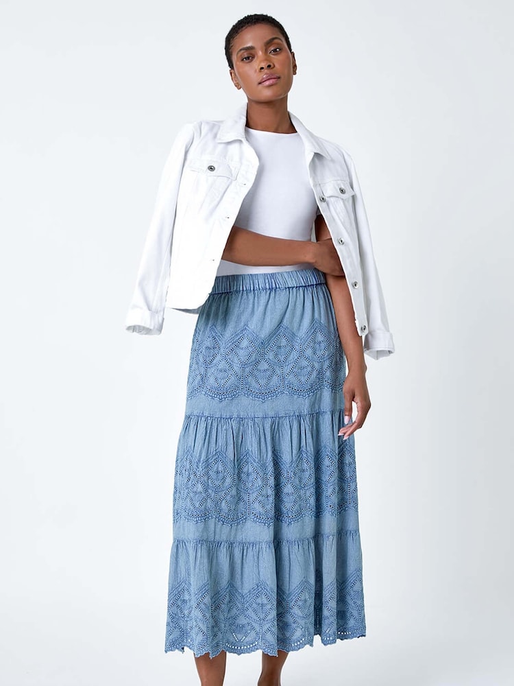 Roman Blue Broderie Tiered Stretch 100% Cotton Midi Skirt - Image 2 of 5