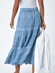 Roman Blue Broderie Tiered Stretch 100% Cotton Midi Skirt - Image 3 of 5