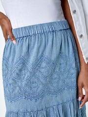 Roman Blue Broderie Tiered Stretch 100% Cotton Midi Skirt - Image 5 of 5
