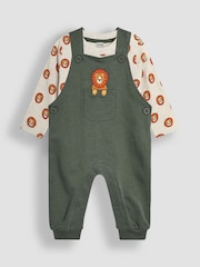JoJo Maman Bébé Khaki Green Lion Appliqué Pocket Dungarees and Top Set - Image 1 of 6