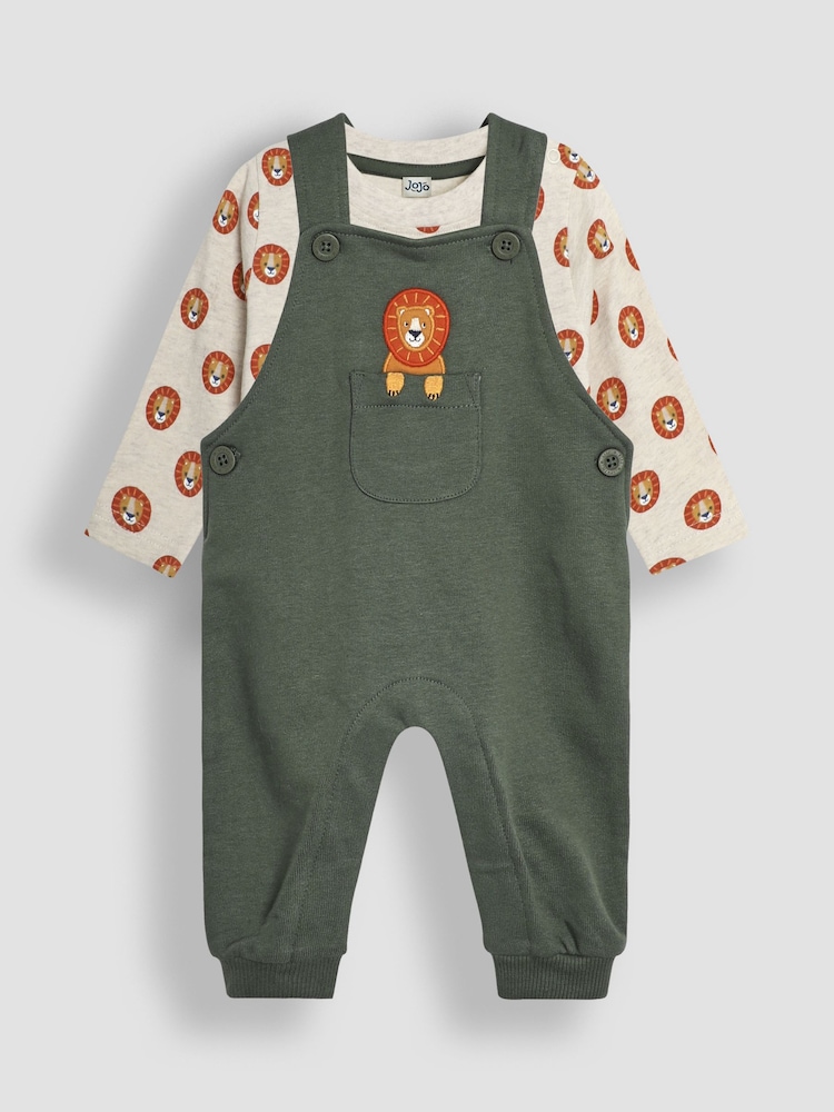 JoJo Maman Bébé Khaki Green Lion Appliqué Pocket Dungarees and Top Set - Image 1 of 6
