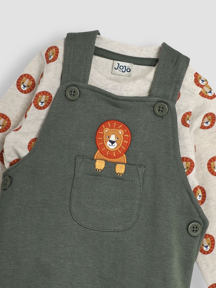 JoJo Maman Bébé Khaki Green Lion Appliqué Pocket Dungarees and Top Set - Image 6 of 6