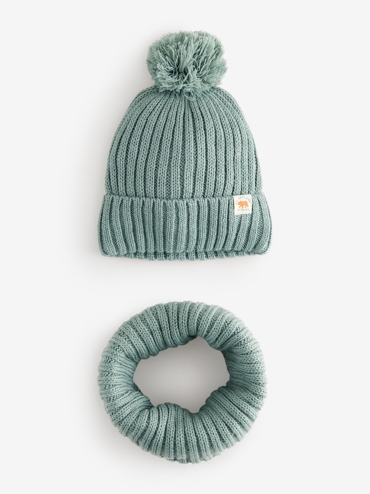 Sage Green Knitted Pom Hat and Snood Set (1-10yrs) - Image 1 of 3