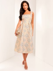 Lipsy Blue Print Premium Square Neck Metallic Prom Midi Dress - Image 1 of 4