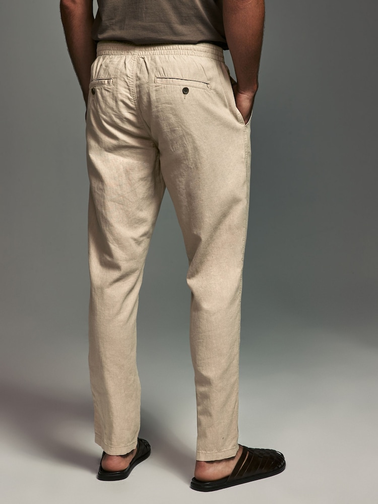 Navy Blue/Natural Ecru Linen Cotton Elasticated Drawstring Trousers 2 Pack - Image 10 of 21