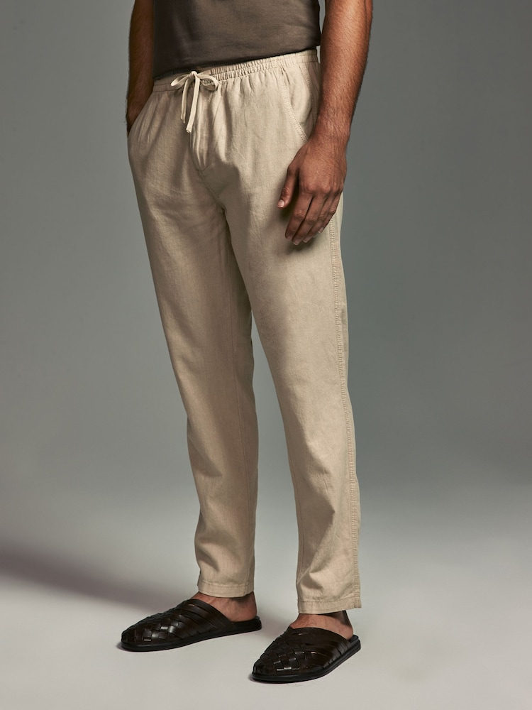Navy Blue/Natural Ecru Linen Cotton Elasticated Drawstring Trousers 2 Pack - Image 14 of 21