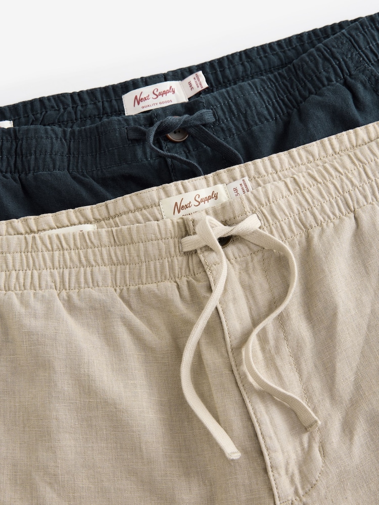 Navy Blue/Natural Ecru Linen Cotton Elasticated Drawstring Trousers 2 Pack - Image 4 of 21