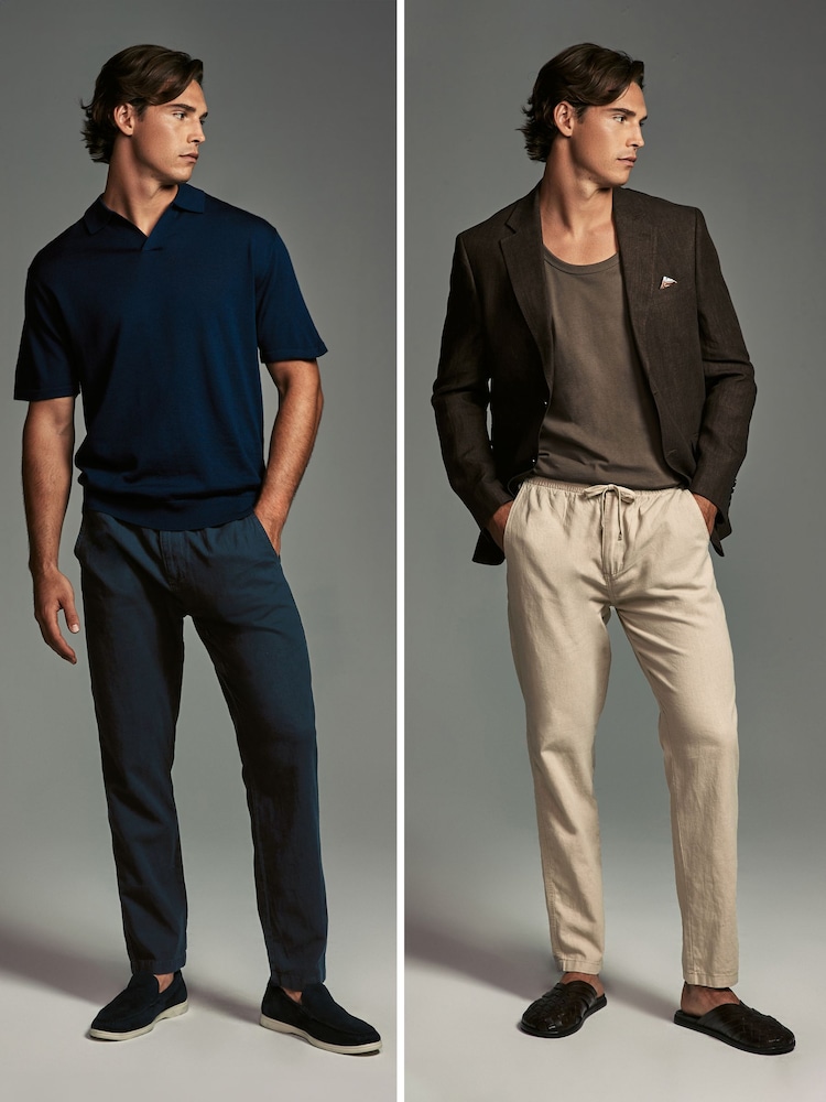 Navy Blue/Natural Ecru Linen Cotton Elasticated Drawstring Trousers 2 Pack - Image 7 of 21