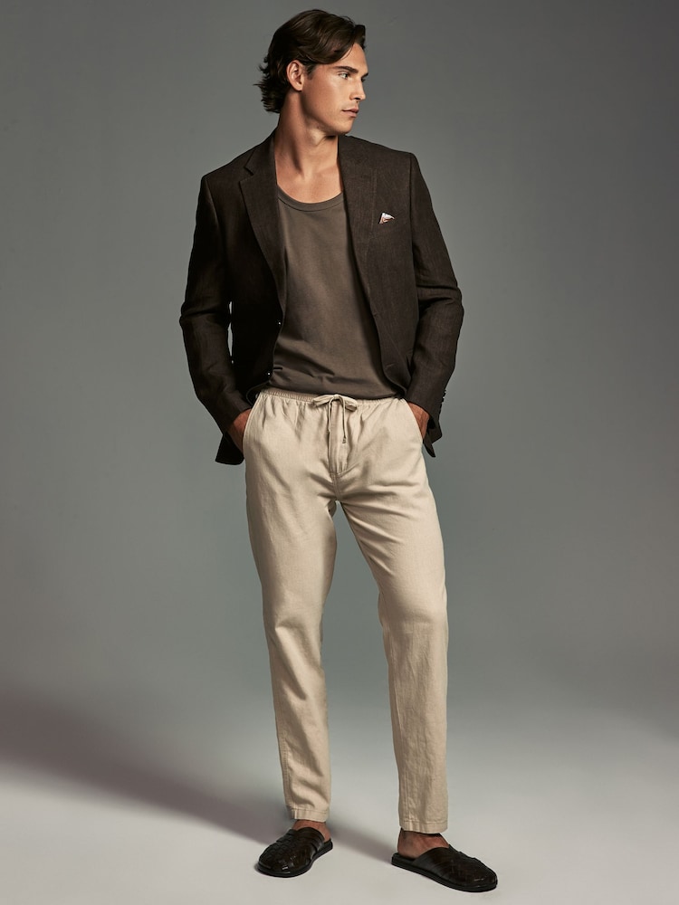 Navy Blue/Natural Ecru Linen Cotton Elasticated Drawstring Trousers 2 Pack - Image 8 of 21