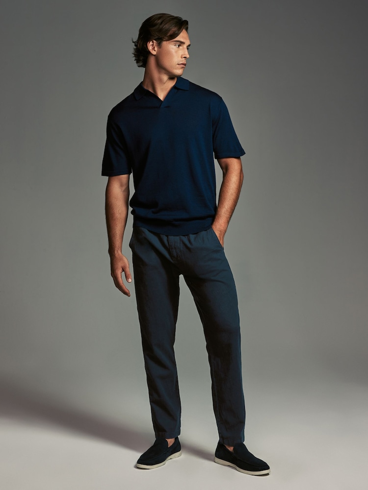 Navy Blue/Natural Ecru Linen Cotton Elasticated Drawstring Trousers 2 Pack - Image 9 of 21