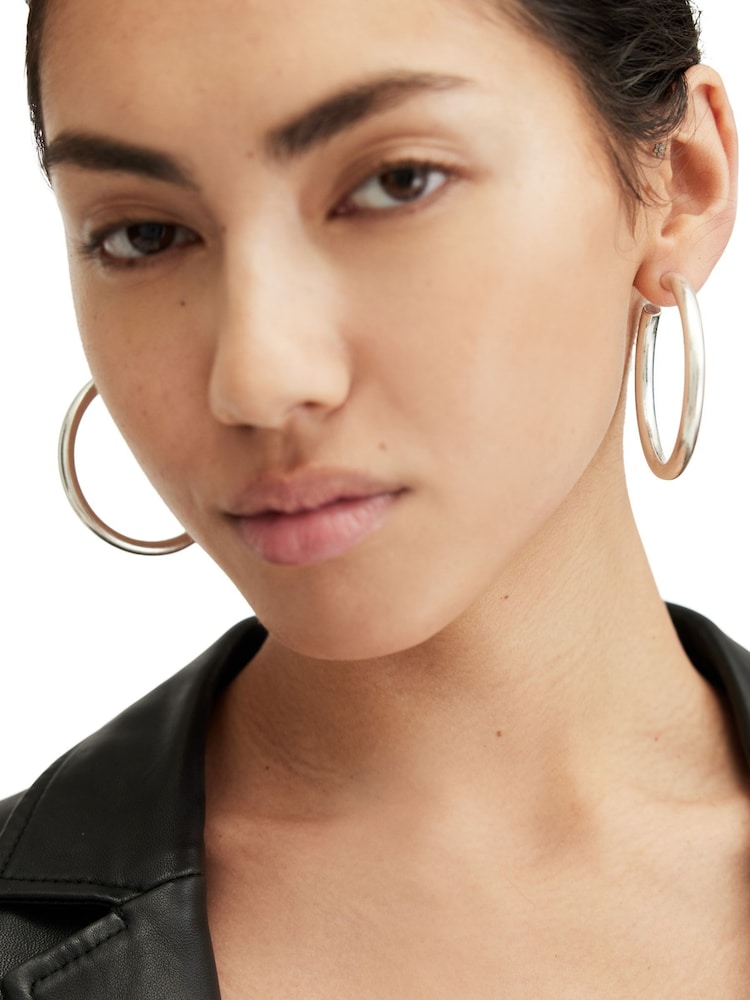 AllSaints Silver Tone Stone Thick Tube Hoop Earrings - Image 2 of 4
