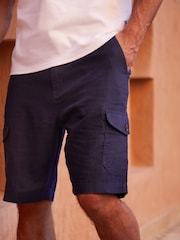 Threadbare Navy Linen Blend Cargo Shorts - Image 4 of 4