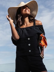 Threadbare Black Linen Blend Strap Bardot Top - Image 1 of 4