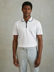 Reiss White/Navy Cannes Cotton Contrast Collar Half-Zip Polo Shirt - Image 1 of 6