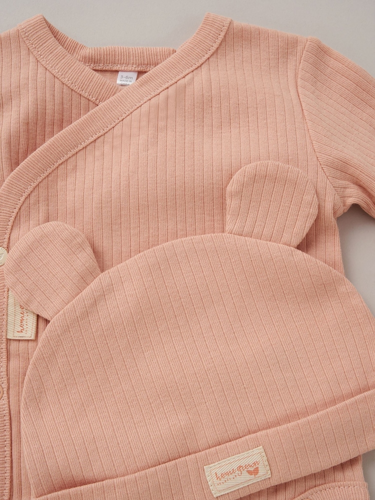 Homegrown Pink 3 Piece Ribbed Bodysuit Joggers And Bear Hat Set - Image 2 of 5