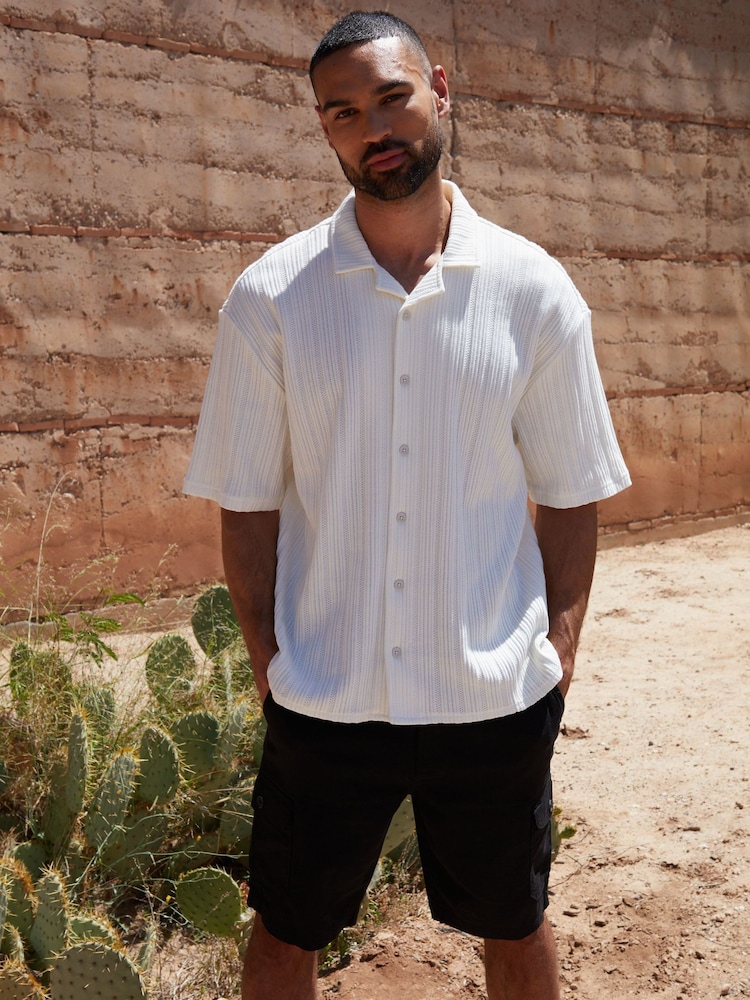 Threadbare White Blend Zig Zag Revere Collar Short Sleeve Shirt - Image 1 of 5