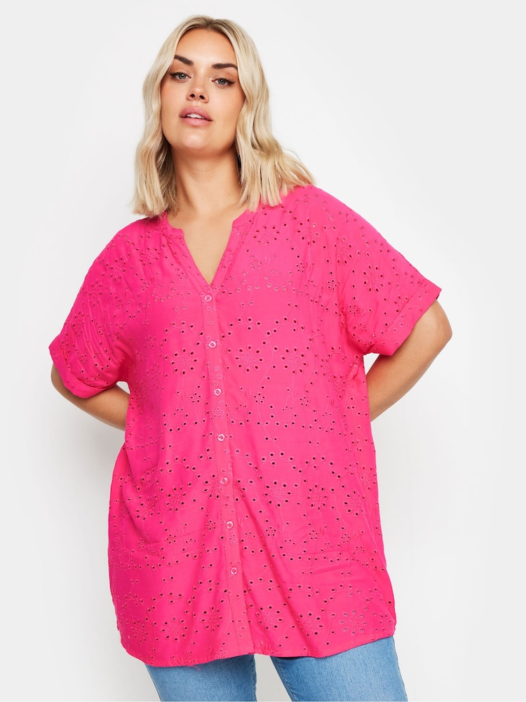 Yours Curve Pink 100% Cotton Broderie Notchneck Top - Image 1 of 5