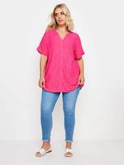 Yours Curve Pink 100% Cotton Broderie Notchneck Top - Image 2 of 5