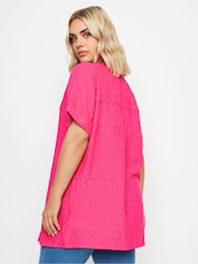 Yours Curve Pink 100% Cotton Broderie Notchneck Top - Image 3 of 5