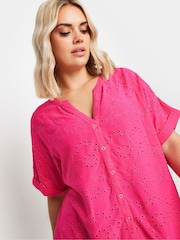 Yours Curve Pink 100% Cotton Broderie Notchneck Top - Image 4 of 5