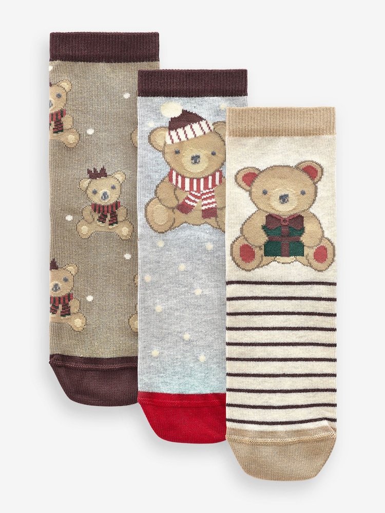 Neutral/Grey Cotton Rich Christmas Character Ankle Socks 3 Pack - Image 1 of 4