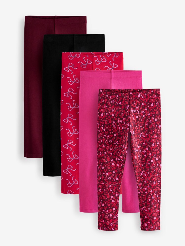 Red Bow/Pink/Black Floral Leggings 5 Pack (3-16yrs) - Image 1 of 8
