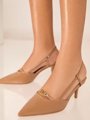 Lipsy Camel Kitten Heel Pointed Strappy Faux Leather Slingback Court Shoe - Image 2 of 4