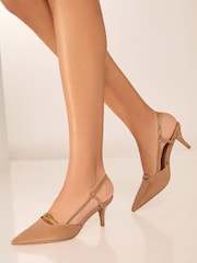 Lipsy Camel Kitten Heel Pointed Strappy Faux Leather Slingback Court Shoe - Image 4 of 4