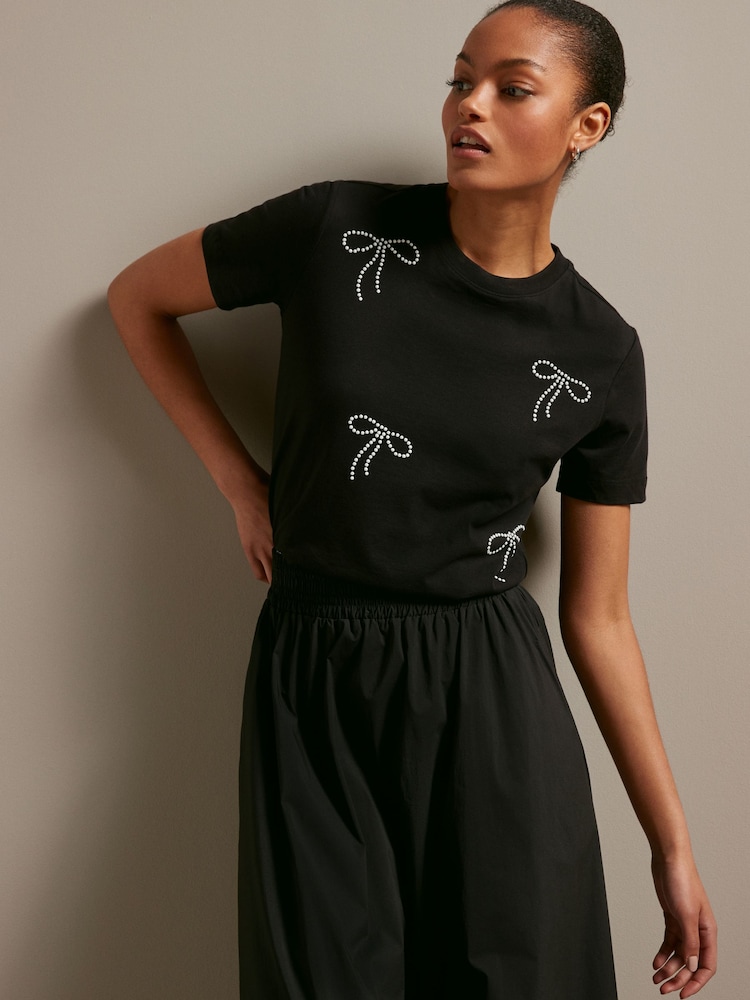 Black 100% Cotton Pearl Bows Embellished Short Sleeve T-Shirt - Image 1 of 7