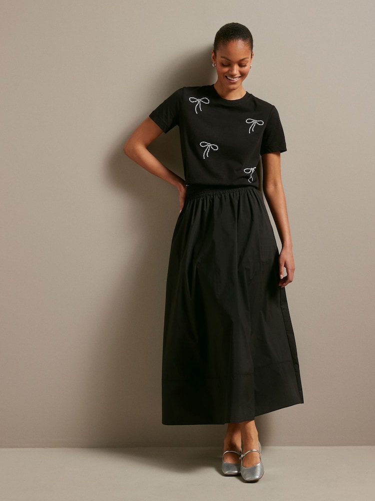 Black 100% Cotton Pearl Bows Embellished Short Sleeve T-Shirt - Image 2 of 7