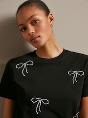 Black 100% Cotton Pearl Bows Embellished Short Sleeve T-Shirt - Image 5 of 7