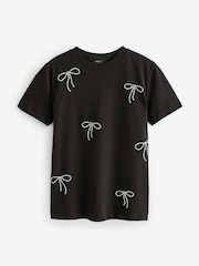 Black 100% Cotton Pearl Bows Embellished Short Sleeve T-Shirt - Image 6 of 7