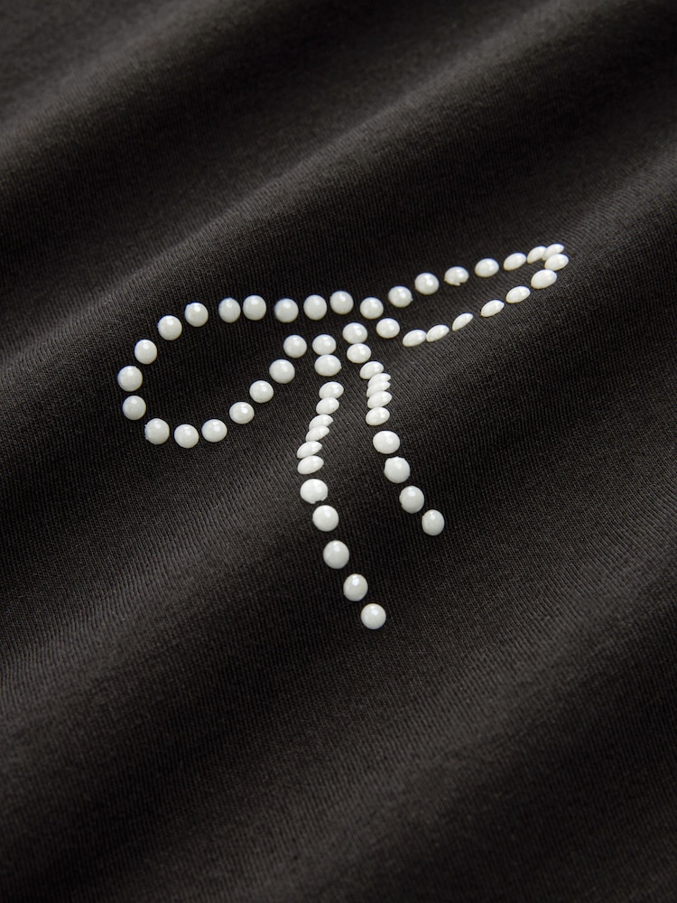 Black 100% Cotton Pearl Bows Embellished Short Sleeve T-Shirt - Image 7 of 7