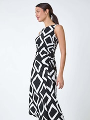 Roman Black Geometric Asymmetric Midi Stretch Dress - Image 1 of 5