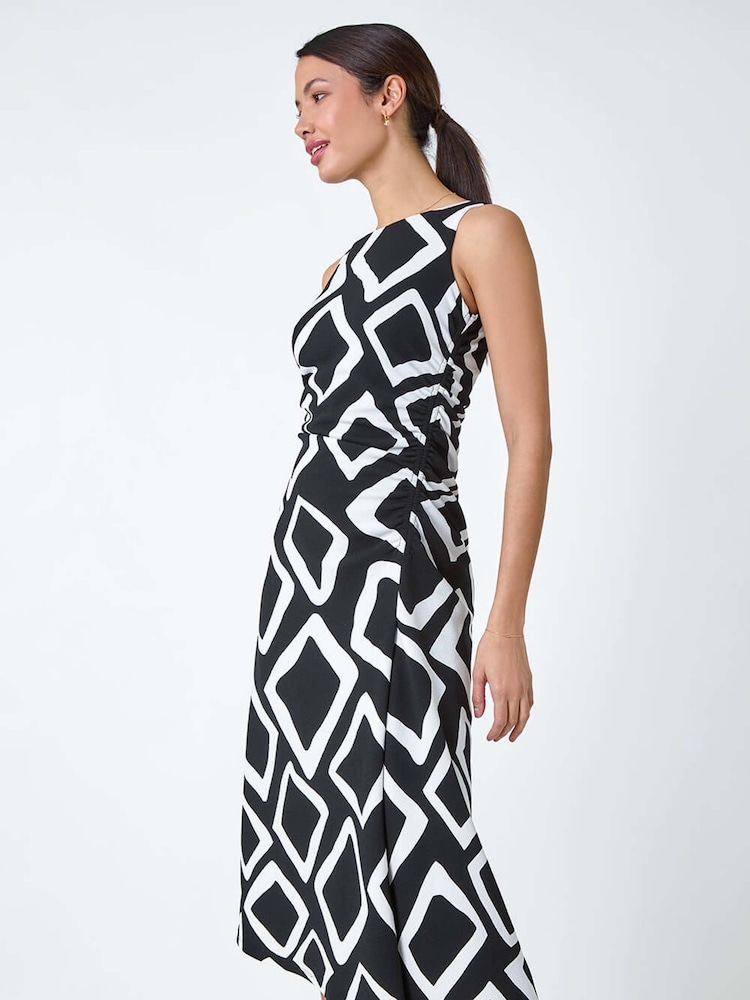 Roman Black Geometric Asymmetric Midi Stretch Dress - Image 1 of 5