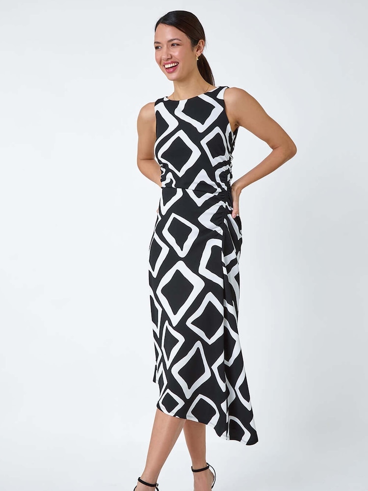 Roman Black Geometric Asymmetric Midi Stretch Dress - Image 2 of 5
