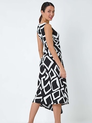 Roman Black Geometric Asymmetric Midi Stretch Dress - Image 3 of 5