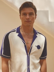 Reiss White/Blue Vevo Reiss | Ché Towelling Cuban Collar Shirt - Image 1 of 7