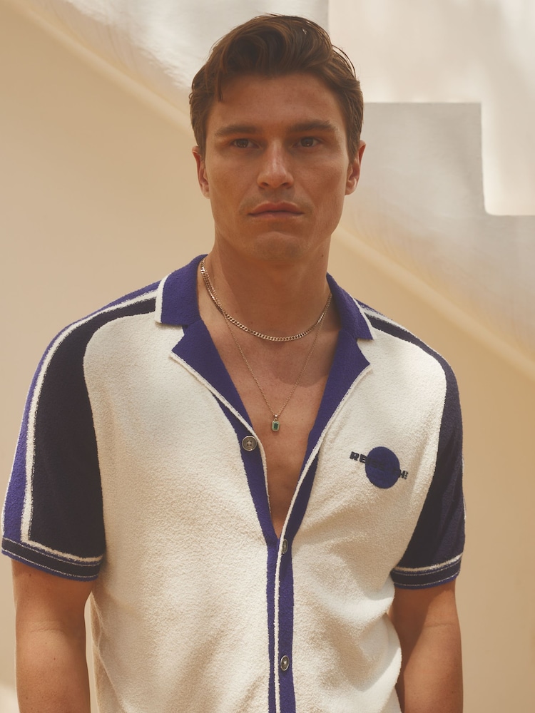Reiss White/Blue Vevo Reiss | Ché Towelling Cuban Collar Shirt - Image 1 of 7