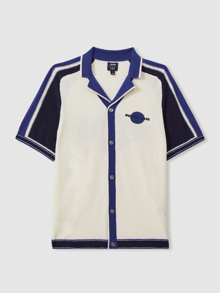 Reiss White/Blue Vevo Reiss | Ché Towelling Cuban Collar Shirt - Image 2 of 7