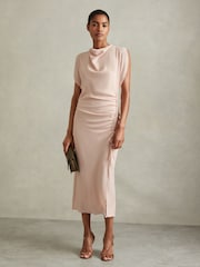 Reiss Pale Pink Bonnie Ruched Cowl Neck Midi Dress - Image 1 of 6