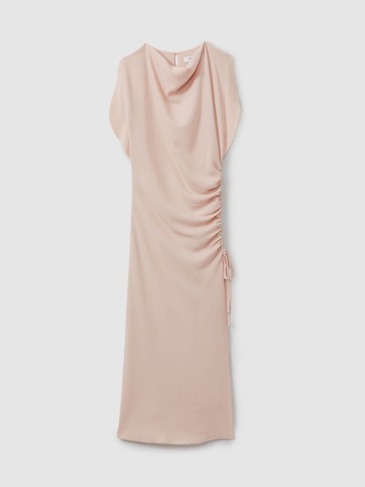 Reiss Pale Pink Bonnie Ruched Cowl Neck Midi Dress - Image 2 of 6