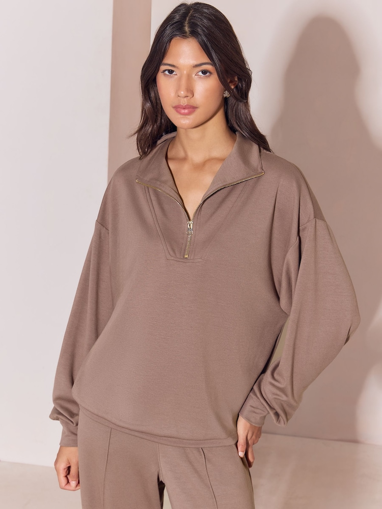 OSIA Mink Brown 1/4 Zip Modal Sweat Top - Image 2 of 5 OSIA Mink Brown 1/4 Zip Modal Sweat Top - Image 2 of 5