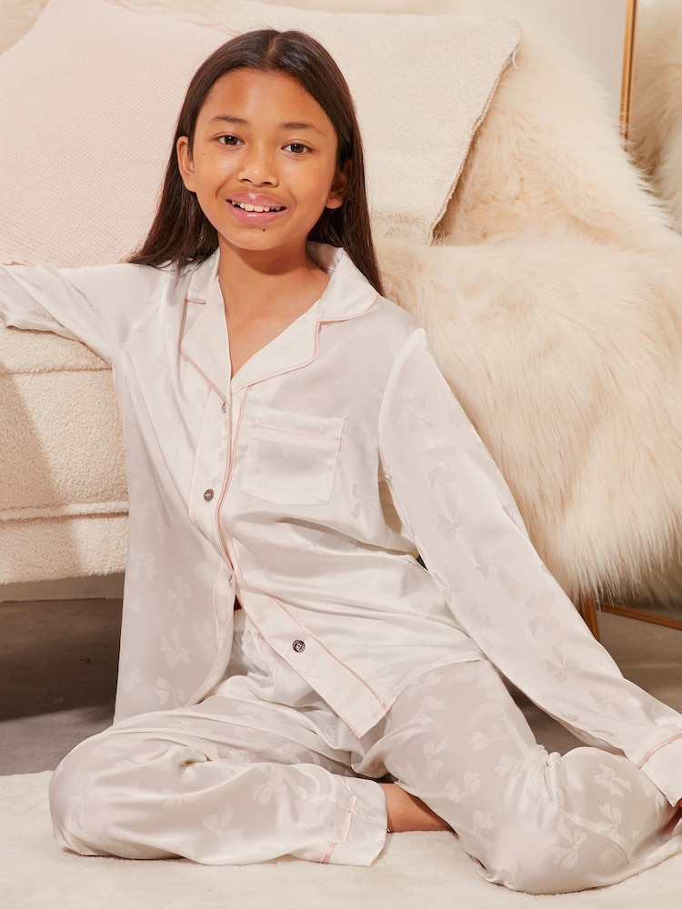 Lipsy White Bow Jacquard Satin Pyjamas (5-16yrs) - Image 1 of 4