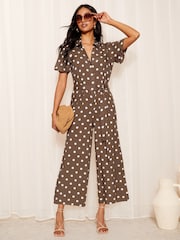 Friends Like These Brown Petite Collar Button Through Culotte Jumpsuit - Image 1 of 4