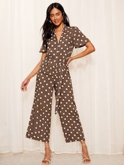 Friends Like These Brown Petite Collar Button Through Culotte Jumpsuit - Image 3 of 4