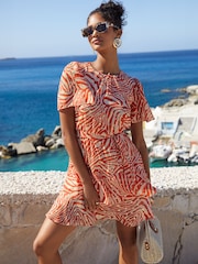 Friends Like These Red Animal Flutter Sleeve Chiffon Tiered Mini Dress - Image 1 of 4